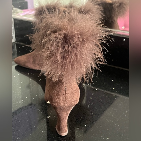 Fur Black Brown leather suede zipper ankle boots booties vintage HSN - Picture 3 of 5